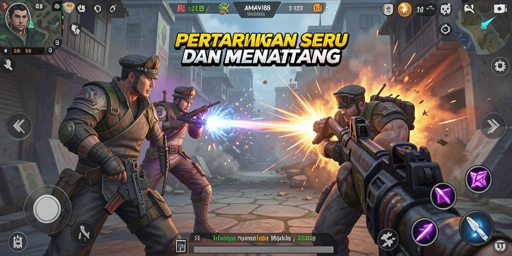 Screenshot AMAVI88 menampilkan karakter bertarung dalam arena yang epik.