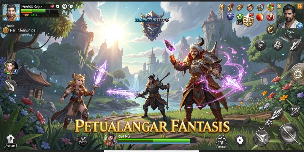 Tangkapan layar gameplay RPG yang menampilkan pertempuran epik dan eksplorasi.
