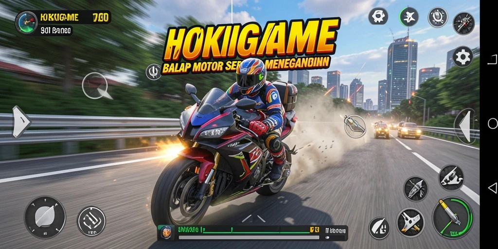 Tampilan gameplay seru HOKIGAME dalam balapan motor.