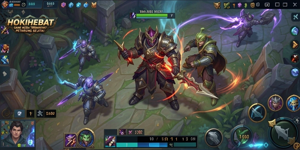 Tampilan gameplay seru dalam HOKIHEBAT dengan aksi pertarungan MOBA yang intens.
