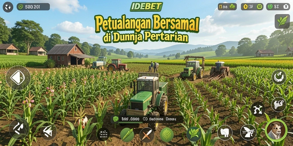 Screenshot utama IDEBET menampilkan kegiatan bertani dan merawat hewan.