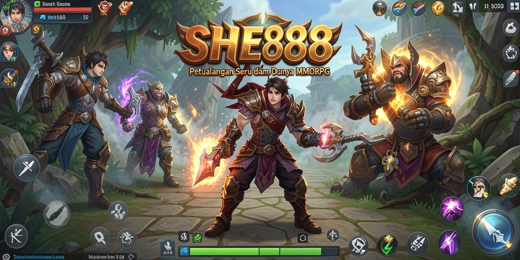 Tangkapan layar utama SHE888 menampilkan aksi pertempuran yang mendebarkan dalam dunia MMORPG.