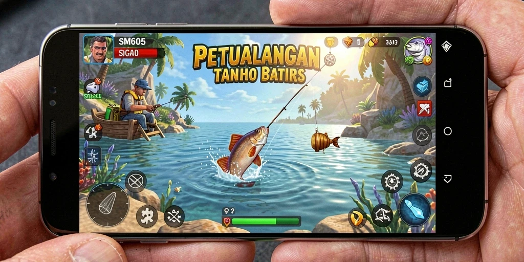 Screenshot utama dari gameplay <strong>SM605</strong> menunjukkan aksi menangkap ikan yang mendebarkan.